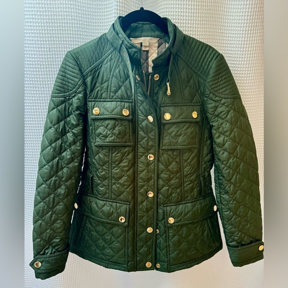 Green Burberry Diamond Quilted Utility Belted Field Jacket Gold Buttons S Small - Picture 3 of 10